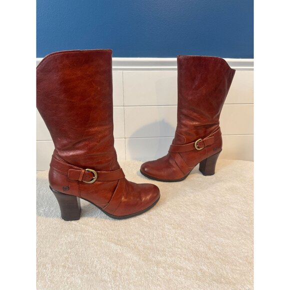 Born Brown Leather Strappy Handcrafted 3 inch Party High Heels Calf Boots Sz 9 - Picture 2 of 4